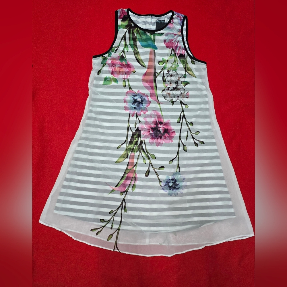 Gabby Skye Size 10 Mid Dress Women Sleeveless Black White Striped Floral Overlay